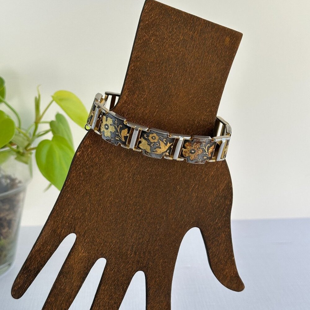Vintage Damascene Gold & Black Floral & Bird Bracelet 7" With Safety Chain